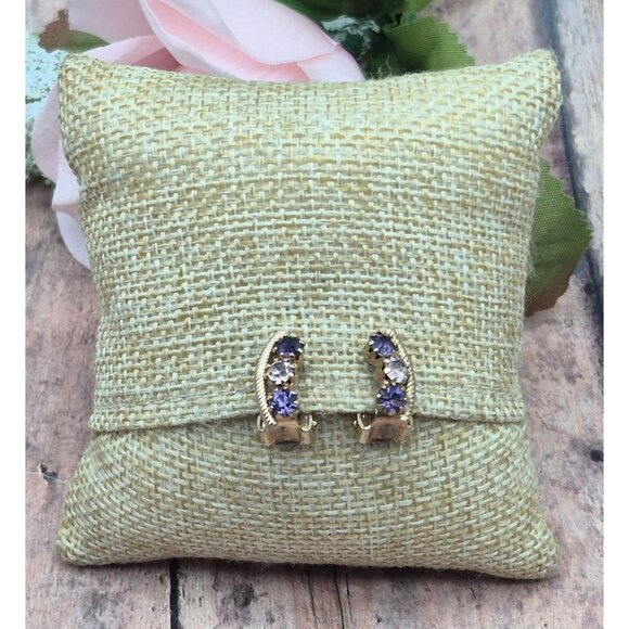 Lot of 2 Gold Tone Minimalist Clip On Earrings Dainty Dangle Rhinestones CUTE - Picture 4 of 9